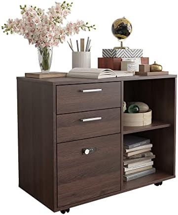 DBXII Wood File Cabinet, 3 Drawer Mobile Lateral Filing Cabinet on Wheels, Printer Stand with Open Storage Shelves for Home Office (Brown Oak) (RX679)