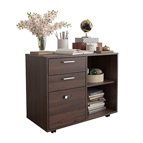 Dbxii Wood File Cabinet, 3 Drawer Mobile Lateral Filing Cabinet On Wheels, Printer Stand With Open Storage Shelves For Home Office (Brown Oak) (Rx679) #TOP19