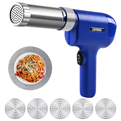 Uspring Electric Pasta Maker, 5-in-1 Handheld Pasta Maker Machine, Portable Noodle Maker with Dough Cutter, Cordless Automatic Noodle Machine, Homemade Spaghetti Maker (Blue)