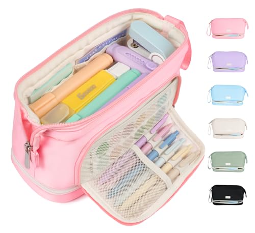 Sooez Big Pencil Case, Extra Large Pencils Pouch, Wide Opening Pen Bag Box with 6 Compartments, Store 200 Pens, Zippers Stationery Organizer, Cute Aesthetic School Supplies for Teen Girls Boys Women