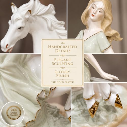 Image of Armonia Royal Grace Lady with Horse Figurine, Premium Ceramic Statue with 24K Gold-Plated, Luxury Home Decor Showpiece for Living Room, Office,Shelf Decoration, Housewarming & Gift for Women,11.8 Inch