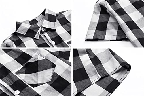 Sangtree Girls Plaid Shirt Summer Short Sleeve Button Down Shirts For Girls，Black White，7-8 Years = Tag 140 #TOP5