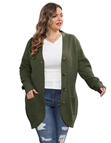 Hanna Nikole Cárdigan de punto para mujer, botones grandes, cuello en V, manga larga, abrigo de punto grueso, Army Grün, 48/50 Cover