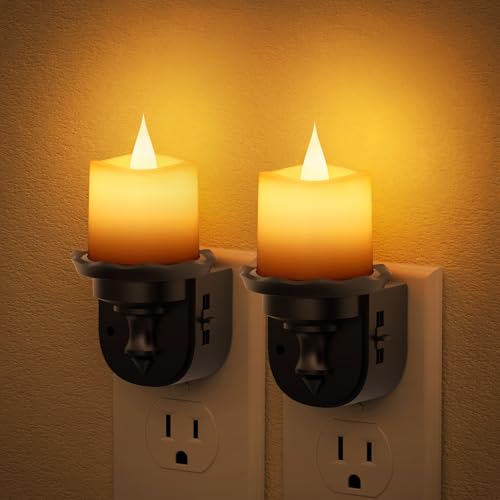 Image of JandCase Night Lights Plug into Wall, 2 Pack Flameless Flickering Electric Fake Candle Night Light with Dusk to Dawn Sensor, 3000K Soft White, 0-100LM Dimmable Nightlight for Bathroom Bedroom Hallway