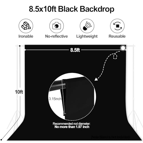 Image of EMART 8.5x10ft Black Photo Backdrop Screen for Photography, Large s Drapes Party Background Curtain, Polyester Fabric Sheet Video Studio Portrait Photoshoot
