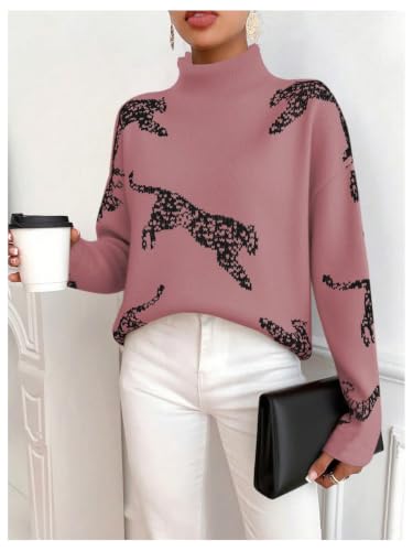 Image of WDIRARA Women's Leopard Tiger Print Sweater High Neck Long Sleeve Fuzzy Knitted Pullover Top
