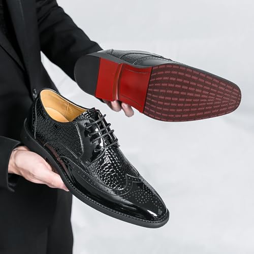 Men's Leather Pointed Wingtip Low Chunky Heel Business Formal Oxfords Classic Lace Up Brogue Wedding Prom Party Dress Shoes4