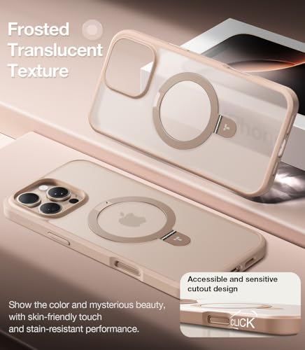 Image of TORRAS Ostand for iPhone 16 Pro Case Magnetic Stand, Desert Titanium 6.3 inch | [Fit for MagSafe][Flexible Stable Stand] 4X Military-Grade Shockproof, Slim Protective Phone Cover, Translucent Rose Gold