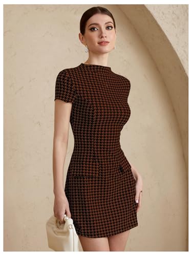 Women's Houndstooth Mock Neck Dress Short Sleeve Flared A Line Work Office Dresses3