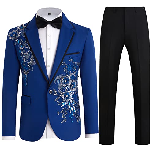 Mens Suits Slim Fit 2 Piece Formal Tuxedo Suits Blazer Pants with Bow Tie for Wedding Prom Blue X-Large