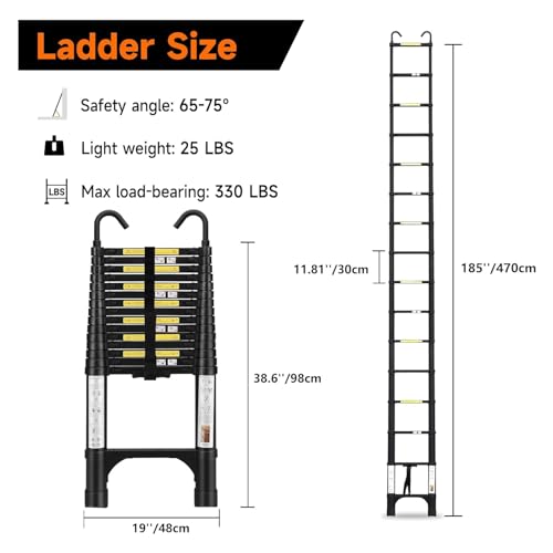 Dajianglx 15.5FT Telescoping Ladder, Aluminum Extension Ladder with Hooks & 2 Triangle Stabilizers, 330lbs Capacity, Non-Slip Feet Collapsible Ladder for Home, Outdoor Work, Black - Image 2