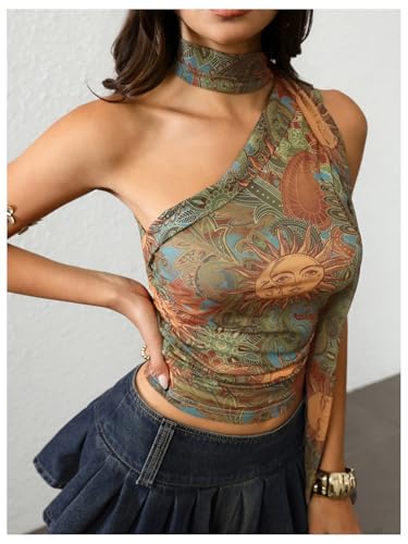 Image of RoseSeek Women's Y2K Leopard Polka Dots Halter Asymmetrical Neck Crop Tops | One Shoulder, Slim Fit, Sleeveless, Cheetah Print, Summer Tops, Scarf Tops, Party, Going Out Tops