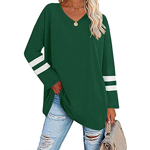 Voopptaw Women's Striped Tee Tops Soft Cotton V Neck Long Sleeve Baseball T Shirt Color Block Tunic Tops Green M