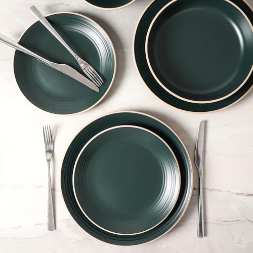 Image of Stone Lain Lauren Modern Stoneware 16-piece Round Dinnerware Set, Plates and Bowls Set, Dish set for 4, Dark Green