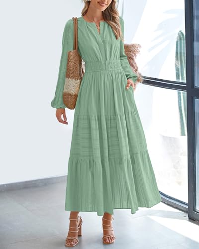 BTFBM Fall Dresses for Women 2025 Casual Long Sleeve V Neck Elastic Waist Lightweight Maxi Wedding Guest Dress Pockets