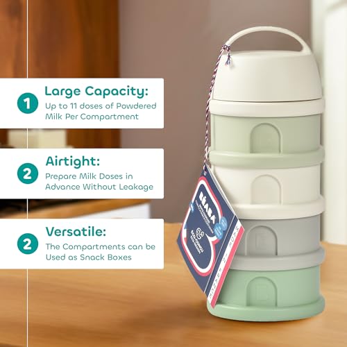 Image of Beaba Stacked Formula Container - Airtight Multifunctional Storage Container for Storing Milk Powder and Baby Food, 4 Interchangeable Compartments, Microwave Safe, Travel Friendly, Cotton & Sage Green