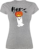 Halloween Kostüm Outfit - Boo Geist mit Kürbis - M - Grau meliert - Geschenk - L191 - Tailliertes Tshirt für Damen und Frauen T-Shirt