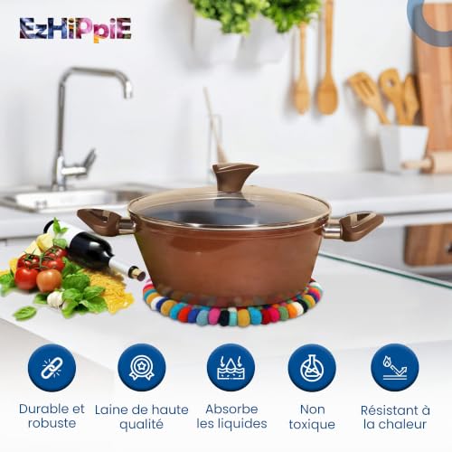 Pot en Laine Ezhippie 20 cm avec résistance à la Chaleur, Porte-Pot antidérapant Fait Main du Népal | Dessous de Plat pour casseroles et poêles de Cuisine Protège Les Tables et Les comptoirs, Rond 3 – vue 3