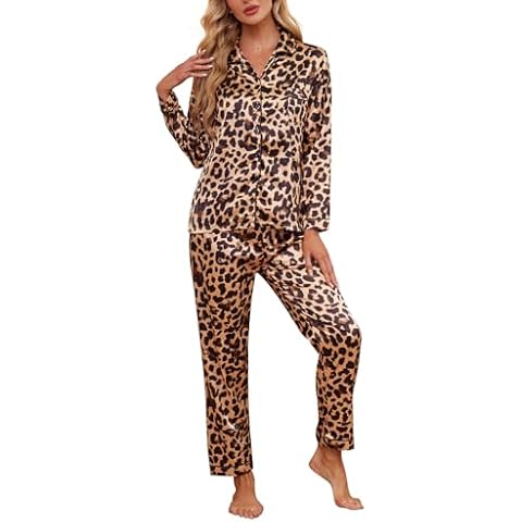 YIJIU Womens Silk Satin Pajamas Set Long Sleeve Button Down Top and Long Pants Sleepwear 2 Piece Pjs Set Soft Loungewear,Leopard,M Cover
