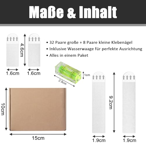 GROVBLE Klebenagel für Bilderrahmen – Bilder aufhängen ohne Bohren, stark haftend, rückstandsfrei, 32 Paare große Klebenäge + 8 Paare kleine Klebenägel + Wasserwaage, für Fotowände & Dekoration
