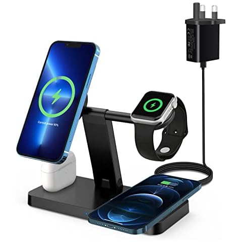 4 IN 1 Magnetic Wireless Charger Stand, Fast Wireless Charging Station compatible with iPhone 14 13 12 (Pro,Pro Max,Mini), Apple Watch 8/7/SE/6/5/4/3/2,Air pods,15W Wireless Charger Pad for Qi Phones Cover