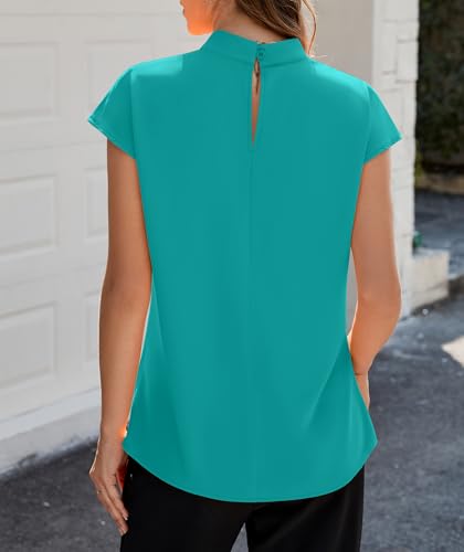 Image of Funlingo Womens Summer Tops Mock Neck Short Cap Sleeve Blouses Business Casual Work Chiffon Shirts Front Pleated Tunic Top
