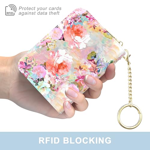Image of Aiawoxc Credit Card Holder, Small RFID Wallet Slim Leather Card Organizer Case with Zipper and Wristlet Strap, Watercolor Flowers