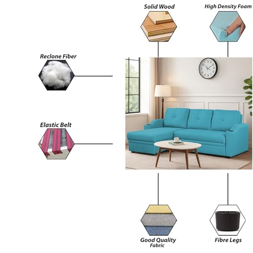 Image of Casaliving Ravonna LHS 4 Seater L Shape Corner Sofa Cum Bed for Living Room (Turquise Fabric) Premium Fabric Sofa