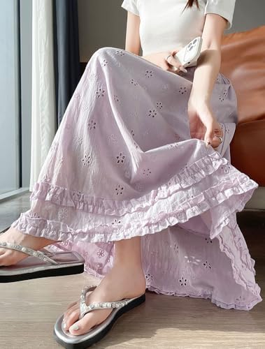 chouyatou Women's Lace Embroidery Eyelet Boho Skirt Elastic Waist Frilly Ruffle Swing Long Skirt2