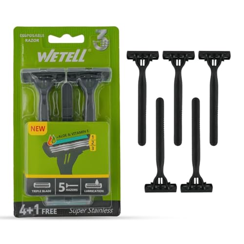 Image of WETELL Triple Blade Disposable Razors for Men | 3-Blade Shaving Razor with Aloe & Vitamin E Strip | Super Stainless Blades | Pack of 5 (4+1 Free) (WT202538)