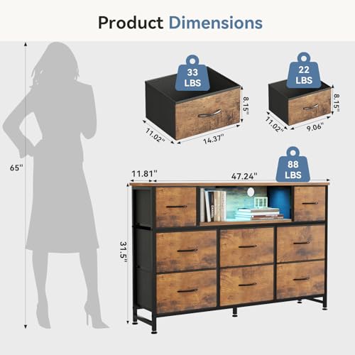 Image of DUMOS TV Stand Dresser with 8 Fabric Drawers and Open Shelves, LED Entertainment Center with Charging Station, Wood Top Media Console for 45-55 inch, Bedroom, Rustic Brown