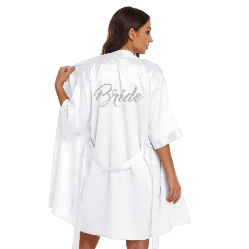 Image of Women's Bride Bridesmaid Robes Short Satin One Size Silver Rhinestones Wedding Party Getting Ready Sleepwear