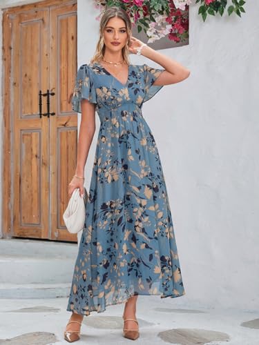 Image of Simplee Women's Boho Floral Maxi Dress Flowy Casual V Neck Short Sleeve Wedding Guest Holiday Beach Long Dress