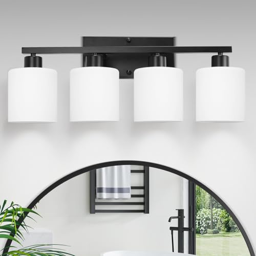 Image of CANMEIJIA 4-Light Bathroom Vanity Light Matte Black E26 Glass Wall Sconce | Modern Dimmable Milky White Shades with Waterproof Rust-resistant Finish for Mirror Restroom, Easy Installation