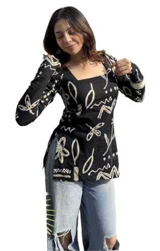 Image of FELISIA Women's Full Sleeves Rayon Printed Square Neck Short Kurti, Bell Sleeves, Short Kurti for Women, Stylish Ethnic Top, Daily Casual Western & Office wear