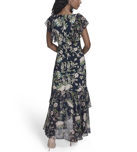 Image of Tommy Hilfiger Women's Flutter Sleeve V-Neck Ruffle Trim Hi-Lo Midi Dress
