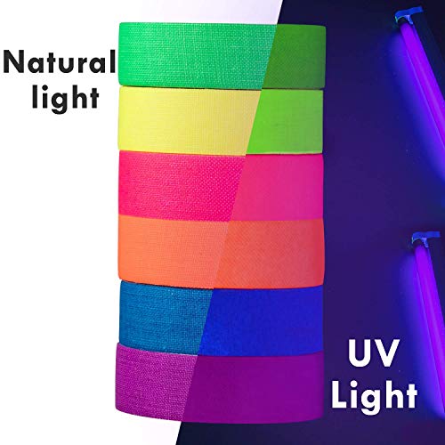 Whaline 12 Pcs Neon Gaffer Cloth Tape, Fluorescent UV Blacklight Glow in The Dark Tape for UV Party, 0.6 inch x 16.5 feet (6 Colors)