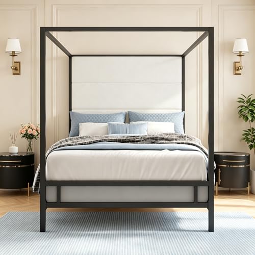 LUMISOL Queen Size Metal Canopy Bed Frame, Modern Metal 4-Poster Bed with Tall Velvet Upholstered Headboard, Easy Assembly Canopy Platform Bed, Box Spring Needed, Black + White