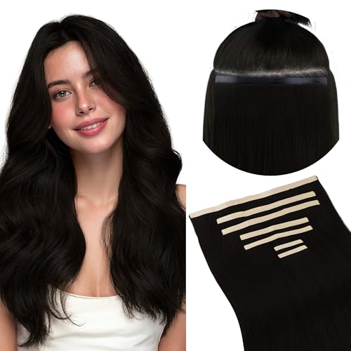 Image of GOO GOO Tape In Weft Hair Extensions Human Hair, 1 Jet Black, 8cm Wide Tape, 20inch 7pcs 130g, Tape Weft Hair Extensions, Seamless Tape in