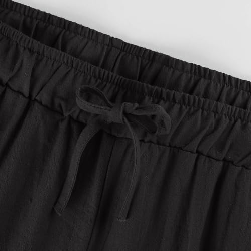 Linen Wide Leg Pants for Women Cropped High Waisted Drawstring Pants Lightweight Comfy Flowy Beach Pant Loose Fit Straight Leg Ankle Pull on Capris Casual Summer Outfits for Women 2025 Black