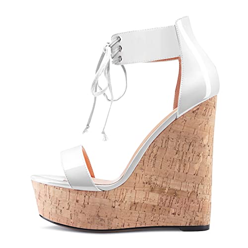 Aachcol Women Platform Wedge Sandals Round Peep Open Toe Lace-up Ankle Strap Slingback Two-Piece Chunky Block High Heel Dress Shoes Pumps Party Patent 6 Inch2