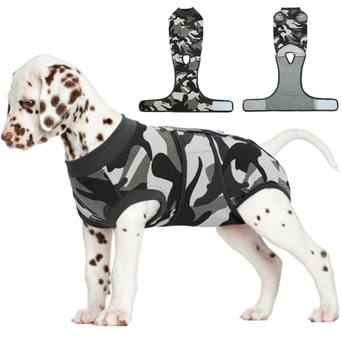 Image of FUAMEY Dog Recovery Suit Male,Dogs Surgery Neuter Suits Puppy Spay Shirts for Female Protect Dog's Skin Anti Licking Abdominal Wounds Doggie Onesie Pet Bodysuit Alternative to Cone Grey Camouflage XS