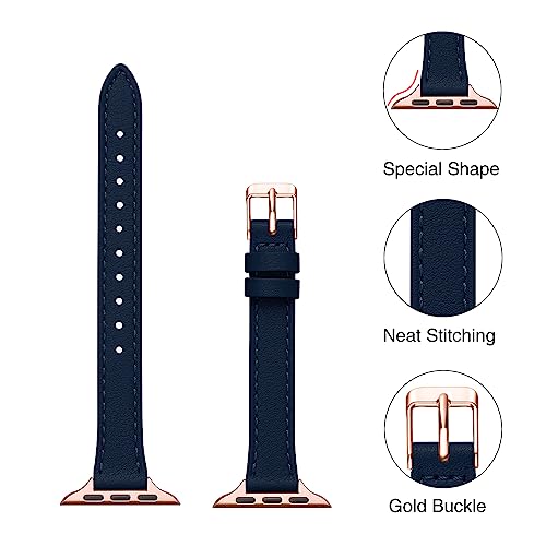 Image of STIROLL Slim Leather Bands Compatible with Apple Watch Band 49mm 46mm 45mm 44mm 42mm(Series 3 2 1), Top Grain Leather Watch Thin Wristband for iWatch Ultra SE Series 11 10 9 8 7 6 5 4(Navy Rose Gold)