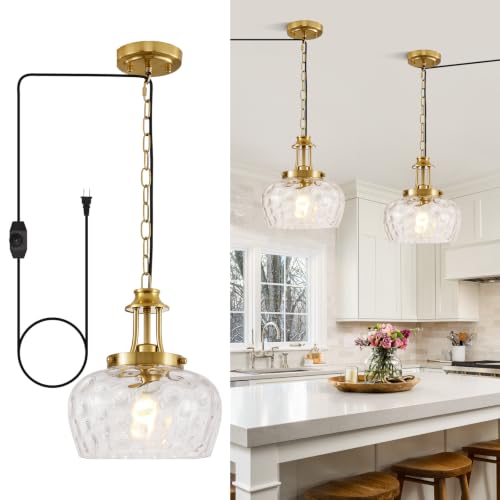 Image of Plug in Pendant Lights Kitchen Island, Modern Brushed Gold Pendant Light Fixtures with 10 inch Clear Hammered Glass Shade, Industrial Hanging Pendant Lights Fixture for Kitchen Island Dining Room Entryway