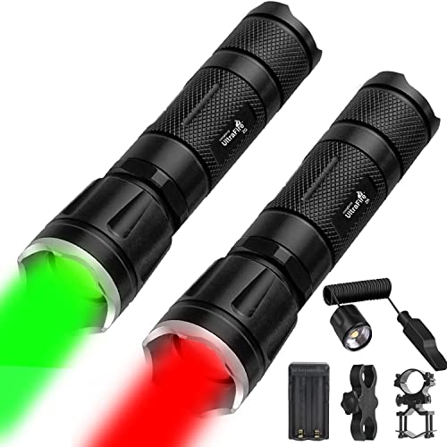 2 Pcs 382 Yards Green Red LED Hunting Flashlight Predator Light,Zoomable Long Range Green Red Light Tactical Flashlight with Pressure Switch and Scope Mount Kit for Hog Coyote and Varmint Hunting - ULTRAFIRE
