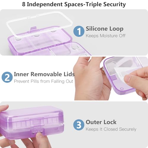 Image of FYY Weekly Pill Organizer with Labels,8 Compartments Travel Daily Pill Case Airtight Moistureproof Large Pill Box to Hold Vitamins, Fish Oil, Supplements,Cotton Swab and Bandages-Purple