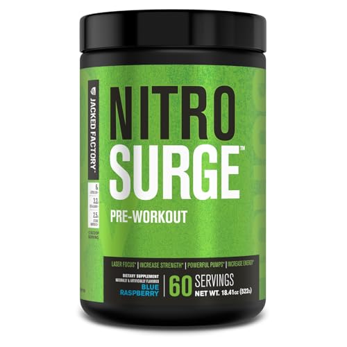Image of Jacked Factory NITROSURGE Pre Workout Supplement - Energy Booster, Instant Strength Gains, Clear Focus, & Intense Pumps - NO Booster & Powerful Preworkout Energy Powder - 60 Servings, Blue Raspberry