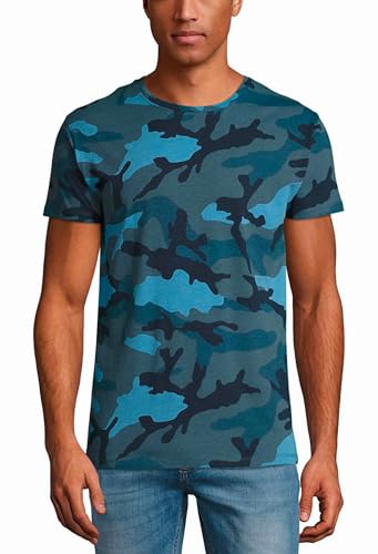 T-Shirt Homme à Manches Courtes, Motif Camouflage, Col Rond, 100% Coton peigné, Bleu et Vert Militaire (FR/ES, Alpha/Lettres, L, Taille Normale, Taille...