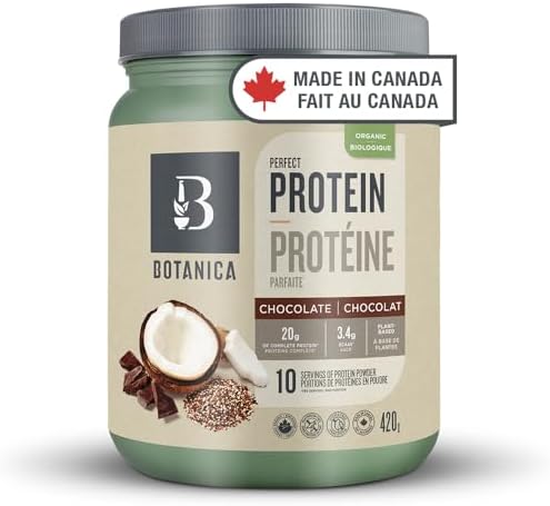 Botanica Organic Vegan Perfect Protein Powder – Made in Canada, Gluten Free, Stevia & Sugar Free – 20 g per Serving + 3.4 g BCAAs, Chocolate, 420 g, 10 Servings
