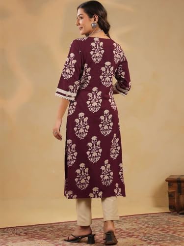Image of Rimeline Women's Cotton Printed Kurta with Lace Yoke Detail | Elegant Straight Fit Ethnic Wear for Office, Casual & Daily Styling
